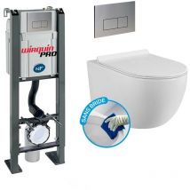 Wirquin Pro - Komplettpaket wc ohne Flansch Freistehendes Gestell + Weißes Becken ohne Flansch + design Chromplatte