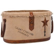 Korb aus Metall und beigem Stoff mit Lederfinish