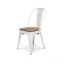 Chaise en métal blanc mat et assise en bois clair - Style industriel