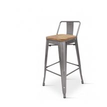 Tabouret de bar en métal brut aspect galvanisé style industriel avec dossier et assise en bois clair - Hauteur 66 cm