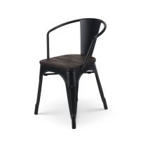 Chaise en métal noir mat style industriel avec assise en bois foncé - Avec accoudoirs