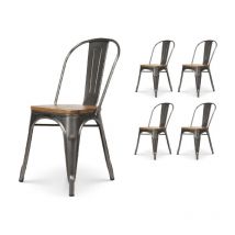 Lot de 4 chaises en métal brut aspect galvanisé et assise en bois clair - Style industriel