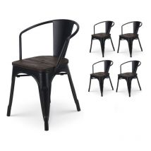 Lot de 4 chaises en métal noir mat style industriel avec assise en bois foncé - Avec accoudoirs
