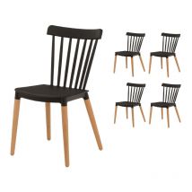 Lot de 4 chaises style scandinave à barreaux modèle pop - Coque en résine noire et pieds en bois naturel