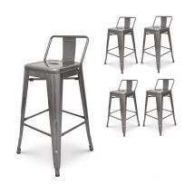 Lot de 4 tabourets de bar en métal brut aspect galvanisé style industriel - Avec dossier - Hauteur 66cm