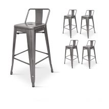 Lot de 4 tabourets de bar en métal brut aspect galvanisé style industriel - Avec dossier - Hauteur 76 cm