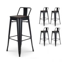 Kosmi - Lot de 4 tabourets de bar en métal noir mat style industriel avec dossier et assise en bois foncé - Hauteur 76 cm