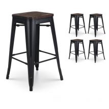 Kosmi - Lot de 4 tabourets de Bar en métal Noir Mat et Assise en Bois foncé - Hauteur 66cm