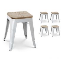 Kosmi - Lot de 4 tabourets en métal blanc mat style industriel et assise en bois clair - Hauteur 46 cm