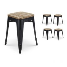 Lot de 4 tabourets en métal noir mat style industriel et assise en bois clair - Hauteur 46 cm