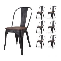 Lot de 6 chaises en métal noir mat et assise en bois foncé - Style industriel