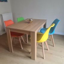 Dining Table and 4 Chairs Oak Effect Wood 4 Colourful Plastic Leather Chairs Dining Room