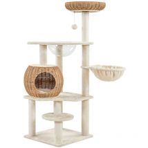 Yaheetech - Kratzbaum, 137,5cm Rattan Katzenbaum für große Katze, Stabiler Kletterbaum mit Katzenhaus waschbare Kissen Korb Sisalstämme, Beige