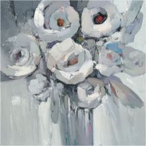 Quadro Astratto Kuatéh 100 X 100 Cm Fiori Bianco E Nero Olio Su Tela