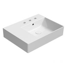 KUBE X lavabo en céramique 60x47cm, étagère gauche, 3 trous de robinet, blanc ExtraGlaze
