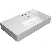 KUBE X lavabo en céramique 80x47cm, étagère gauche, bord de fond groud, 3 trous de robinet, blanc ExtraGlaze