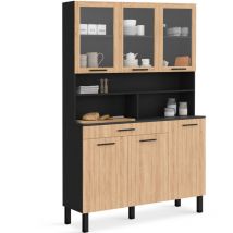 Küchenbuffet aus Glas 120 cm cina 6 Türen + Schublade schwarz und Buchenholzoptik