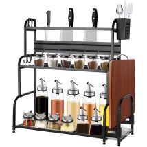 Küchengewürzregal, Gewürzhalter aus Metall, 3-stöckiges Gewürzregal, für Arbeitsplatte - mit Utensilienhalter - Schneidebrett-Halter - mit 6 Haken