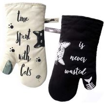 Küchenhandschuhe, hitzebeständige Ofenhandschuhe, Topflappen und Handschuh zum Kochen, Grillen, Backen, Elfenbein und Schwarz, Katze und schwarze