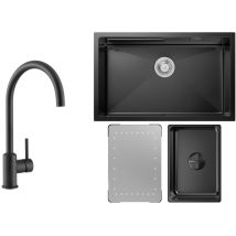 Cecipa Max - Küchenspüle 1.5 Becken 70x44cm EdelstahlSpüle Anthrazitschwarz Unterbauspüle + Hochdruck-Küchenarmatur Schwarz Hohe 363.7MM