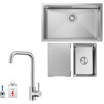 Küchenspüle 1.5 Becken 70x44cm EdelstahlSpüle Gebürstete Unterbauspüle + Niederdruck-Küchenarmatur Gebürstete Küche Wasserhahn Hohe 355MM