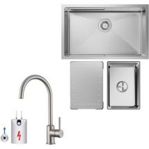 Cecipa Max - Küchenspüle 1.5 Becken 70x44cm EdelstahlSpüle Gebürstete Unterbauspüle + Niederdruck-Küchenarmatur Gebürstete Küche Wasserhahn Hohe 430MM