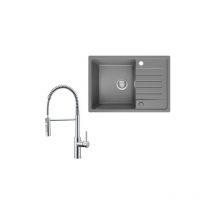 Cecipa Max - Küchenspüle 65x45cm Granitspüle Grau Mit Abtropffläche + Feder-Küchenarmatur gebürstete Mit 2 Strahlarten Küche Wasserhahn Hohe 480 mm