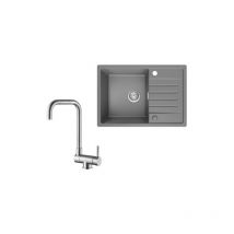 Küchenspüle 65x45cm Granitspüle Grau Mit Abtropffläche + Fenster-Küchenarmatur Gebürstete Küche Wasserhahn Hohe 355MM