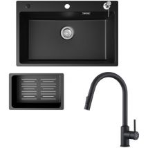 Küchenspüle 70x45cm Granitspüle Anthrazitschwarz Mit Seifenspender + Ausziehbarer Küchenarmatur Schwarz Mit 2 Strahlarten Hohe 404MM