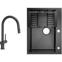 Cecipa Max - Küchenspüle aus Edelstahl 60x45cm Aufsatzwaschbecken Anthrazitschwarz + Ausziehbarer Küchenarmatur Schwarz Mit 2 Strahlarten Hohe 425MM
