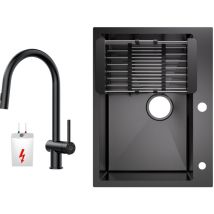 Cecipa Max - Küchenspüle aus Edelstahl 60x45cm Aufsatzwaschbecken Anthrazitschwarz + Ausziehbarer Niederdruck-Küchenarmatur Schwarz Hohe 425MM