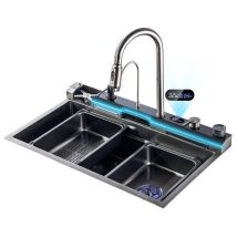 Küchenspüle Pistolengrau , Mit Led-temperaturanzeige 304 Edelstahl-wasserfallspüle, Ausziehbarer Wasserhahn Mit 3 Funktionen, Einzelbecken-