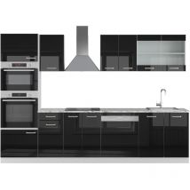 Vicco - Küchenzeile R-Line, Schwarz Hochglanz, 300 cm mit Hochschrank, ap Marmor