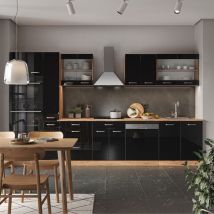Vicco - Küchenzeile R-Line, Schwarz-Eiche Hochglanz/Goldkraft Eiche, 350 cm mit Hochschrank, ap Marmor