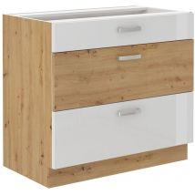 Küchen Preisbombe - Küchen Unterschrank 80 Cm Eiche Artisan + Weiß Hochglanz Vollauszug Soft-close