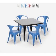 Ensemble table noire 80x80 + 4 chaises style bar restaurant century black - Bleu