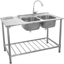 Kukoo - Fregadero de Cocina Doble Seno con Escurridor a la Izquierda 120x79x60cm con Dispensador Jabón Tapones de Colador + Grifo gratis Lavaplatos
