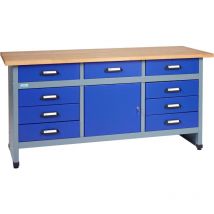 Küpper établi modèle 12877, l. 170 cm, 1 porte, 9 tiroirs, bleu outremer
