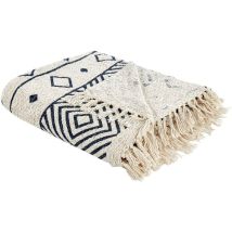 Beliani - Kuscheldecke Beige u. Blau Baumwolle 200 x 220 cm Modern mit Fransen Handgewebt Schlafzimmer Wohnzimmer Accessoire Deko Überwurf Wohndecke