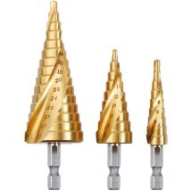 Lablanc - 3PCS Foret Fraise Meche Etage, hss Inox Metal, 4-12/20/32mm, Triangle Conique Titane, avec Tige Hexagone, Pour Visseuse Percage sur Acier,
