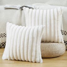 Set of 2 Faux Fur Plush Throw Pillow Covers Soft Fluffy Striped Decorative Cushion Cover for Sofa Bedroom Cushion Cream White 18 x 18 inch - Lablanc