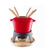 Lacor - Service à fondue en fonte émaillée, support en fer avec base en bois, 6 fourchettes