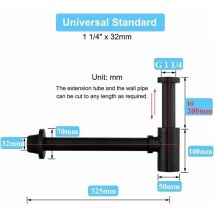 Laiton Siphon de Lavabo, Universel Syphon avec 200mm Tube d'extension, 1 1/4 x 32mm Réglable Sifon Anti Odeur Anti-fuite, Noir Mat