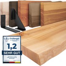Tagère murale en bois massif, irrégulier, étagère de rangement Basic, bois naturel / équerre noire 140cm, LW-01-A-002-140LS - Lamo Manufaktur