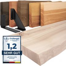 LAMO Manufaktur étagère murale en bois massif, irrégulier, étagère de rangement Vintage, bois brut / équerre noire 160cm, LW-01-A-001-160VS