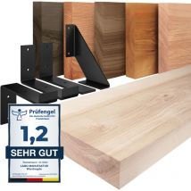 Tagère murale en bois massif, bord régulier, étagère de rangement Basic, bois brut / équerre noire 80cm, LWG-01-A-001-80LS - Lamo Manufaktur