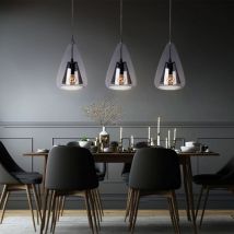 Lampada a sospensione, 3 fiamme, lampada da tavolo da pranzo, vetro fumé, lampada a sospensione, soggiorno, griglia nera, 3x E14, LxH 76 x 150 cm