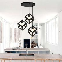 Lampada a Sospensione, 3 Luci Creativo Lampada da Soffitto in Ferro, Illuminazione con Cubo Gabbia per Cucina Sala da Pranzo (Nero)