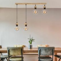 Lampada a sospensione in legno di quercia lampada in legno a sospensione lampada da soggiorno faretto orientabile, metallo nero, 4 prese E27, l 75 cm