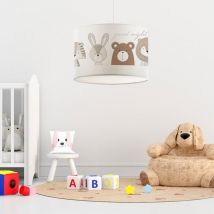 Lampada a Sospensione per Cameretta 'Rugby' Lampadario per Bambini Lampada da Soffitto con Paralume in Tessuto - Bianco con Disegno Animali Lux.pro